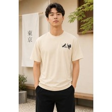 İkales Ikales Erkek Ön ve Arka Tokyo Kuş Çiçek Baskılı Oversize T-Shirt - Ekru