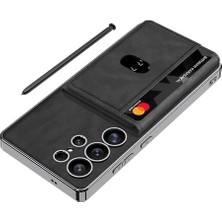 Galaxy S25 Ultra ile Uyumlu Kılıfı Kartlıklı Stand Olabilen M-Safe Şarj Özellikli Kamera Lens Korumalı Suni Deri Tasarımlı Kapak Kıpta Siyah