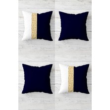 Gold Şeritli ve Düz Desenli Gizli Fermuarlı Kırlent Kılıfı Koltuk Yastık Kılıfı TAKIM(4ADET), Lacivert-Beyaz 45 x 45