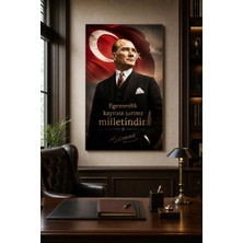 Atatürk ve Türk Bayrağı Baskılı Cam Tablo – Egemenlik Sözlü Dekoratif Duvar Tablosu