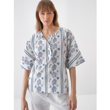 Xint Kadın Beyaz Keten Karışımlı Oversize Bluz