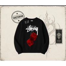 Tarzsokak Unisex Stüssy Zar Oversize Unisex Bisiklet Yaka Sweatshirt Beyaz