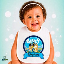 Ghostbastır Design Kişiye Özel Bluey Keten Bebek Mama Önlüğü – Yumuşak, Emici, Yıkanabilir, Özel Tasarım P077