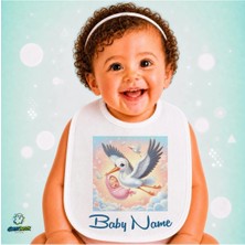 Ghostbastır Design Kişiye Özel Leylekli Keten Bebek Mama Önlüğü – Yumuşak, Emici, Yıkanabilir, Özel Tasarım P087