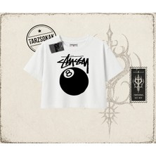 Tarzsokak Unisex Stüssy 8ball Kadın Crop Tişört Beyaz