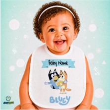 Ghostbastır Design Kişiye Özel Bluey Keten Bebek Mama Önlüğü – Yumuşak, Emici, Yıkanabilir, Özel Tasarım P076