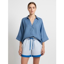 Xint Kadın Mavi %100 Keten Oversize Gömlek