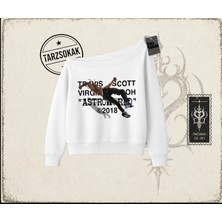 Tarzsokak Unisex Travis Scott Astroworld 2018 Kadın Kayık Yaka Sweatshirt Beyaz