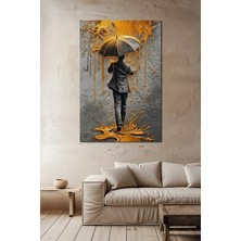 Şemsiyeli Adam Altın Yağmur Efektli Baskılı Cam Tablo – Modern Sanat Uv Baskı