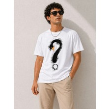 İlk El Grup Erkek Kuğu Figürlü Soru Işareti Baskılı Tişört Kısa Kol T-Shirt - Beyaz