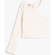 Maxi Trendy Crop Pencere Detaylı Tişört Tek Uzun Kollu Ribanalı Pamuklu