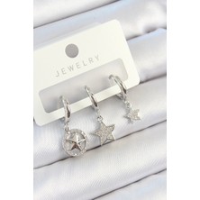 Armüz Pirinç Zirkon Taşlı Yıldız Model Gümüş Renk 3'lü Çift Kadın Küpe Set