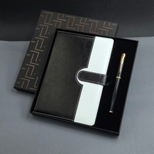 Siyah Beyaz Renkli Tarihsiz Ajanda Defter ve Metal Roller Kalem Seti