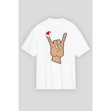 İlk El Grup Yılbaşı Noel Başlıklı Serçe Parmak Baskılı Oversize Bisiklet Yaka T-Shirt - Beyaz