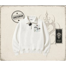 Tarzsokak Unisex Sea Otter Unisex Polo Yaka Yarım Fermuarlı Sweatshirt Beyaz
