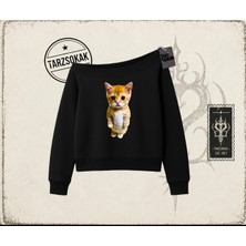 Tarzsokak Unisex Sad Cat El Gato Kadın Kayık Yaka Sweatshirt Beyaz