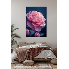 Pembe Gül Baskılı Cam Tablo – Su Damlalı Çiçek Desenli Dekoratif Duvar Tablosu