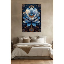 Mavi Çiçek Baskılı Cam Tablo – Altın Detaylı Lotus Desenli Dekoratif Duvar Tablosu