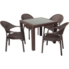 Norino Mandella Elit Rattan 90X90 Eylül Koltuk Camlı Masa Takımı Kahverengi