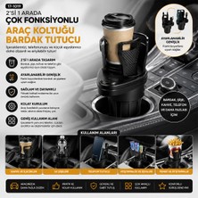 EkoAlışverişDünyam Araç Içi Çok Fonksiyonlu Bardak Tutucu - 2 Bölmeli 360° Dönebilen - Genişleyebilir Üst Hazne - Stand CWS-003 (5510)