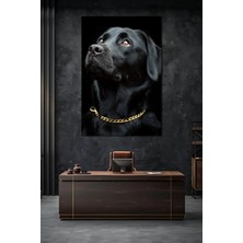 Siyah Köpek Baskılı Cam Tablo – Gold Zincir Detaylı Modern ve Şık Duvar Dekoru