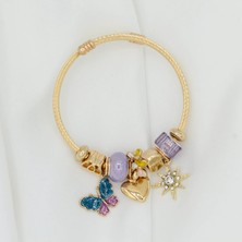Shekka Renkli Kelebek Kalp ve Yıldız Figürlü Taşlı Gold Charm Bileklik