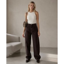 Shevega Kadın Kahverengi Arka Kemer Tokalı Yüksek Bel Baggy Jeans Salaş Kot Pantolon