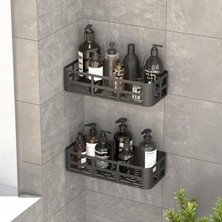Hakay Siyah Yapışkanlı Banyo Duş Rafı - 2'li Set ile Matkapsız Montaj