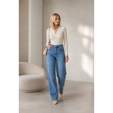 Shevega Kadın Mavi Arka Kemer Tokalı Yüksek Bel Baggy Jeans Salaş Kot Pantolon