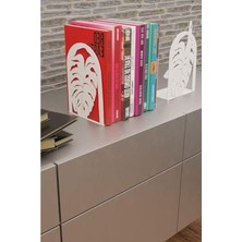 Hakay Dekoratif Metal Kitap Tutucu, Beyaz Yaprak Desenli, Ikili Set