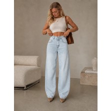 Shevega Kadın Buz Mavi Arka Kemer Tokalı Yüksek Bel Baggy Jeans Salaş Kot Pantolon
