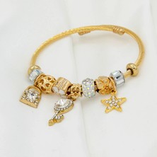 Shekka Yıldız Kilit ve Anahtar Figürlü Taşlı Gold Charm Bileklik