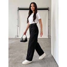 Shevega Kadın Siyah Yan Kemer Tokalı Yüksek Bel Baggy Jeans Salaş Kot Pantolon