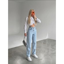 Shevega Kadın Buz Mavi Yan Kemer Tokalı Yüksek Bel Baggy Jeans Salaş Kot Pantolon