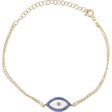 Emiliano Jewellery Turkuaz Taşlı Altın Kaplama Ortası Sedef Taşlı Çift Sıra Zincirli Gümüş Bileklik