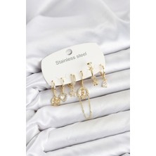 Berselya Underwear & Accessories 316L Çelik Gold Renk Zirkon Taşlı Zincir Detaylı Kadın Küpe Seti