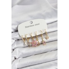 Berselya Underwear & Accessories 316L Çelik Gold Renk Pembe Zirkon Taşlı Lotus Detaylı Kadın Küpe Seti