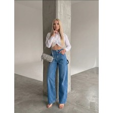 Shevega Kadın Mavi Yan Kemer Tokalı Yüksek Bel Baggy Jeans Salaş Kot Pantolon