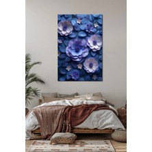 Çiçek Baskılı Cam Tablo – Mavi Mor Tonlu 3D Floral Dekoratif Duvar Tablosu