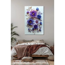 Çiçek Baskılı Cam Tablo – Mor ve Mavi Tonlu 3D Floral Dekoratif Duvar Tablosu