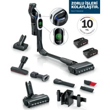 Bosch Unlimited 10 Pro Set Çift Bataryalı Kablosuz Dikey Süpürge Uzun Kullanım Süreli Bldc Motor Elde Kullanılabilen Turbo Fırçalı Başlık Halı Kilim Parke ve Araç BCS1041WAC++