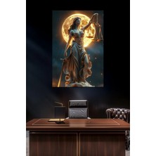 Adalet Heykeli Baskılı Cam Tablo – Ay Işığı Temalı Lady Justice Dekoratif Tablo