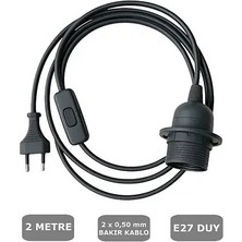 CATEKSSS E27 Duylu 2 Metre Arapuarlı (Aç Kapat Anahtar) Fişli Abajur Duyu Seyyar (2x0,50) (Siyah) 65W