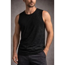 Erkek Flamlı Kumaş Kolsuz Atlet Günlük Fitness Spor T-Shirt - Siyah