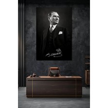 Atatürk Imzalı Siyah Beyaz Cam Tablo – Modern Prestij Uv Baskı Duvar Dekoru