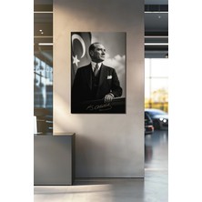 Atatürk Imzalı Türk Bayraklı Siyah Beyaz Cam Tablo – Prestij Serisi Uv Baskı Duvar Dekoru