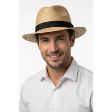 Mollycrush Erkek Camel Hasır Fedora Şapka | Klasik Takım Elbise ve Günlük Stil Fötr Şapka