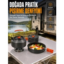 Aesco Alüminyum Kamp Pişirme Seti Katlanabilir Kulplu Çaydanlık Tencere Tava Outdoor Yemek Seti