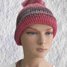 Mabelme Store El Örgüsü Doğal Yün ve Akrilik Karışımlı Sıcacık Kış Beresi Koyu Pembe Karışık