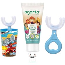 U Tipi Fırça Diş Bakım Seti - Mavi Fırçalık + Mavi Kalp 2-6 Yaş + Agarta Çocuk Diş Macunu